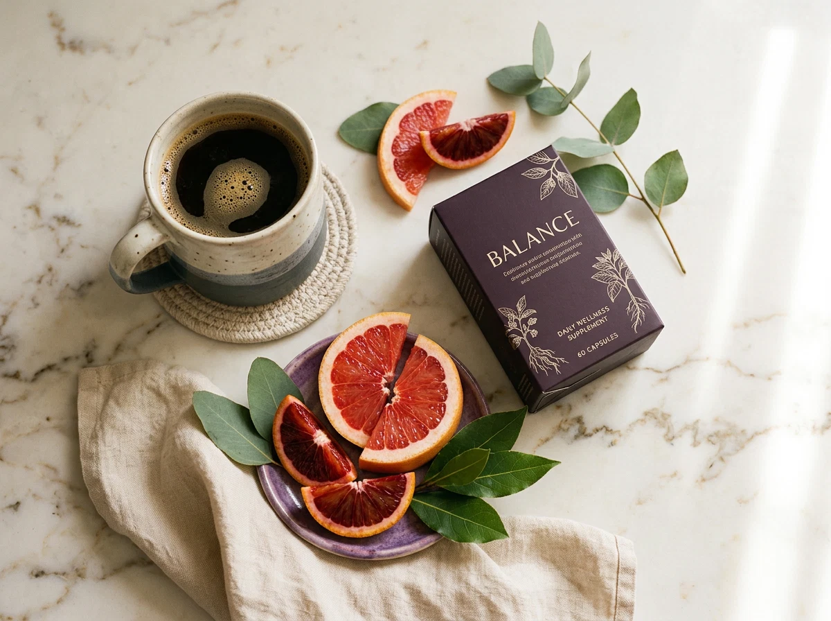 Morning coffee mug next to Slim Coffee Booster box and fresh fruit - coffee blend food supplement routine